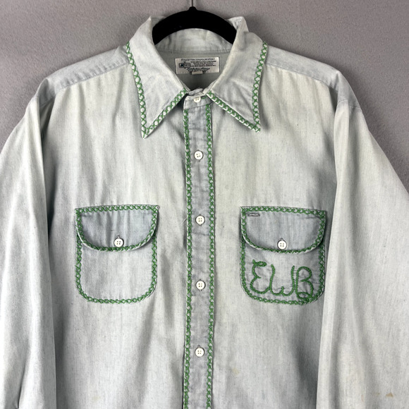 Vintage Kmart Shirt Mens Large Blue Button Up Embroidery Long Sleeve Upcycled - Picture 2 of 16